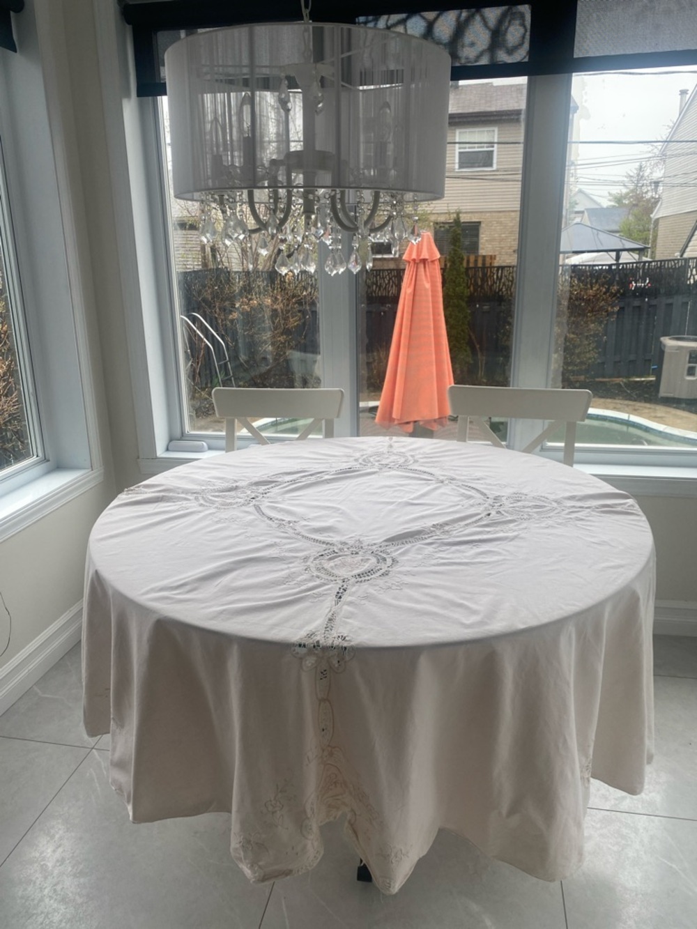 VINTAGE COTTON Creme Embroidered Large Round Tablecloth circumference 78”